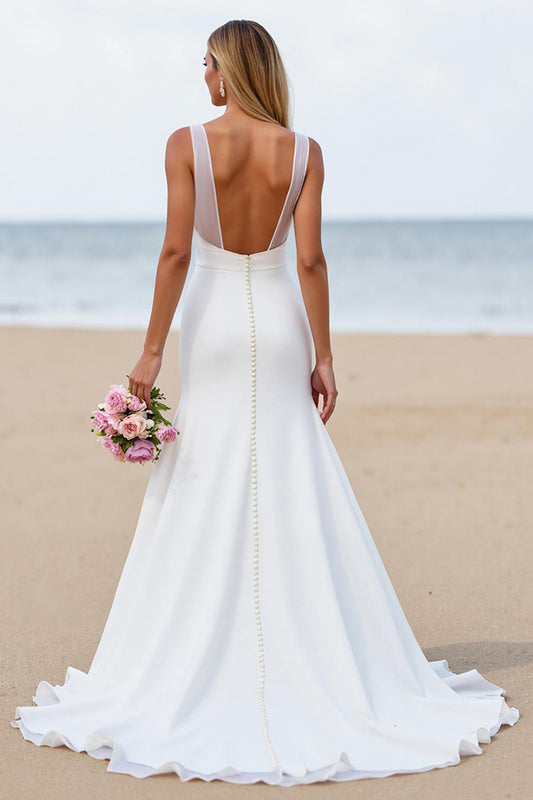 Ivory Mermaid Satin Backless Sweep Train Wedding Dress