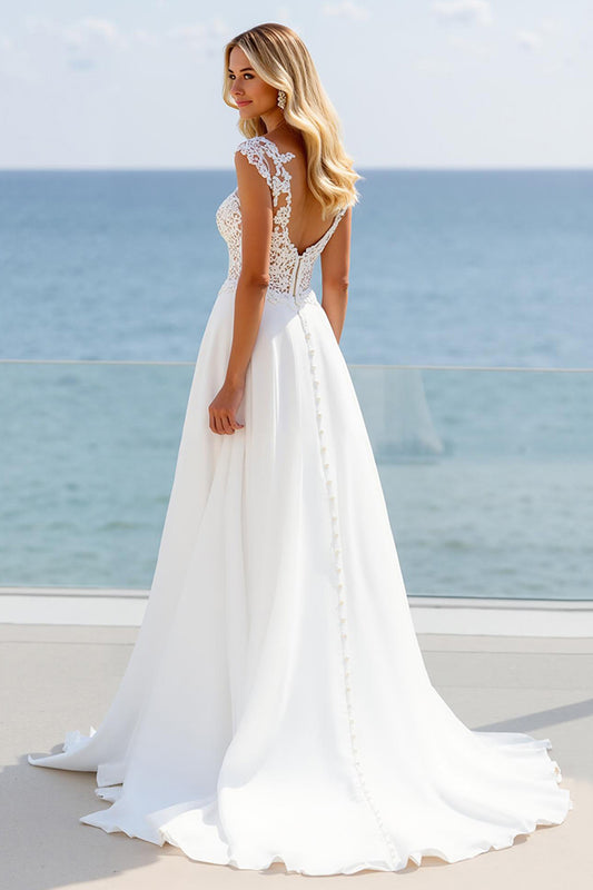 Ivory A Line Sweep Train Boho Wedding Dress with Slit