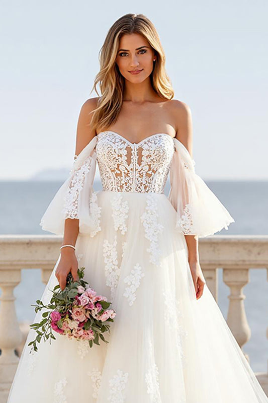 Ivory A Line Off the Shoulder Sweep Train Wedding Dress with Lace