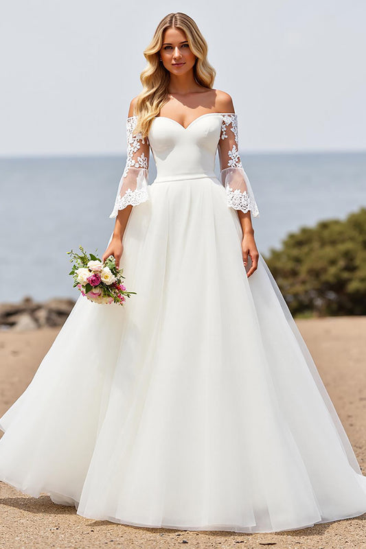 Ivory Off the Shoulder Sweep Train A Line Wedding Dress with Lace