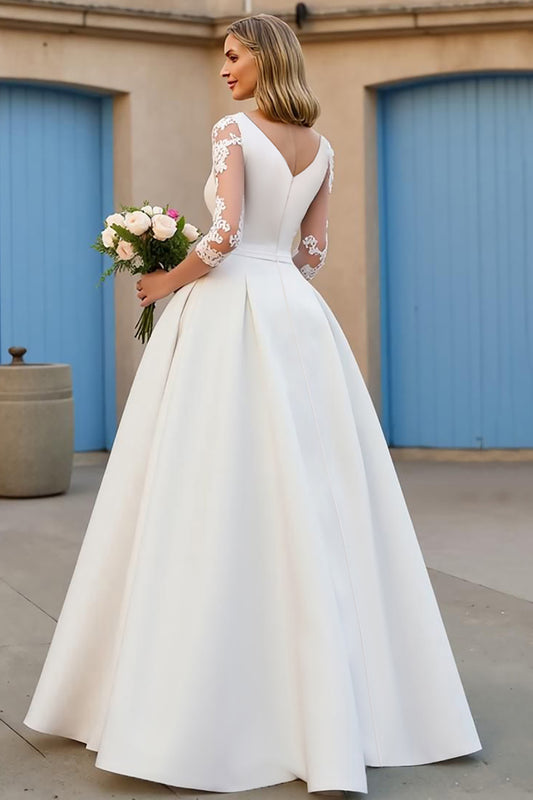 Ivory V-Neck Satin Floor-Length A Line Wedding Dress with Sleeves