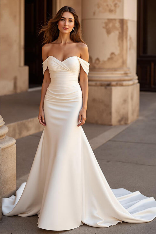 Ivory Off the Shoulder Mermaid Satin Sweep Train Wedding Dress