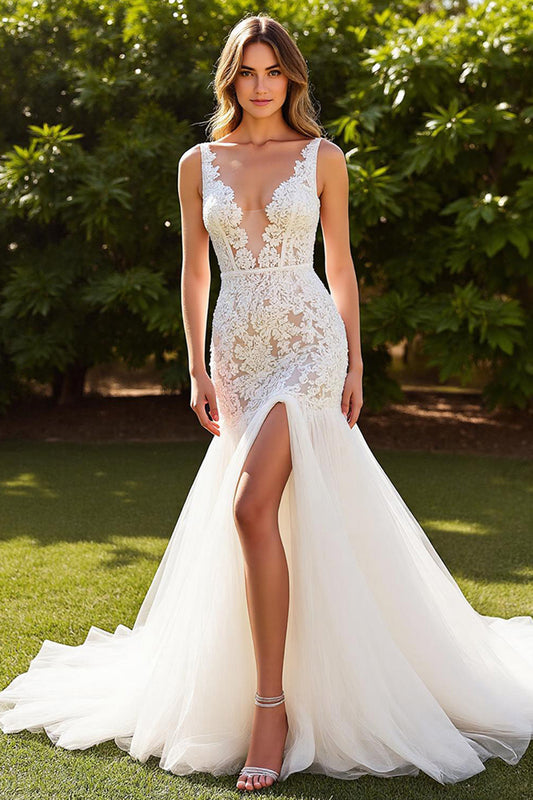 Ivory V-Neck Mermaid Lace Sweep Train Wedding Dress with Slit