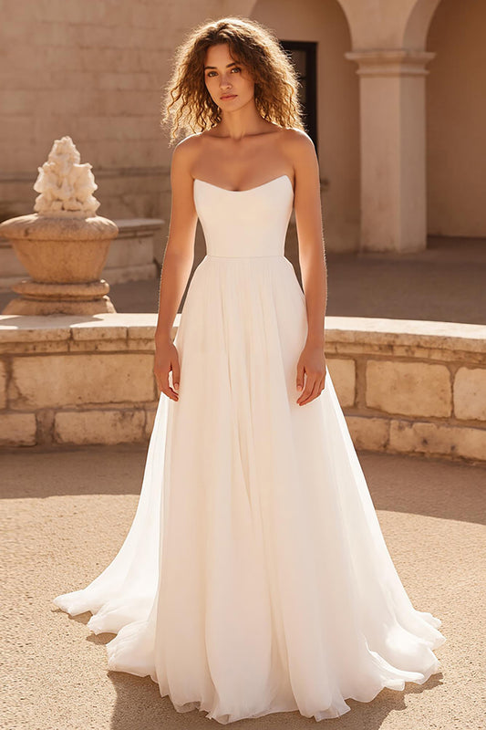 Ivory Strapless A Line Chiffon Sweep Train Wedding Dress