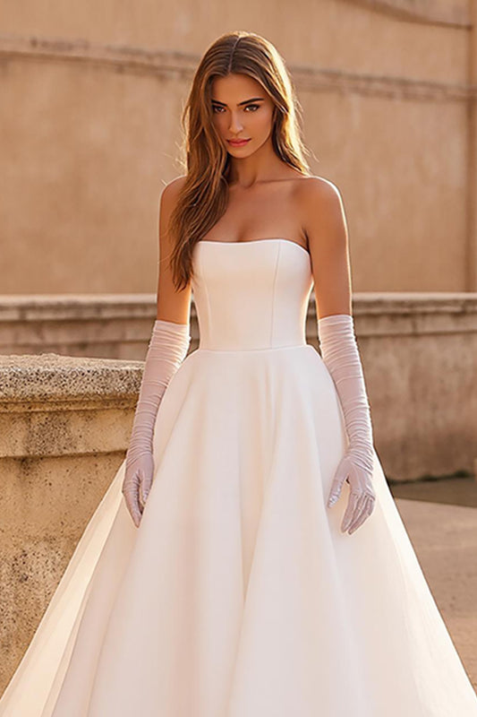 Simple Ivory Strapless Ball Gown Sweep Train Wedding Dress