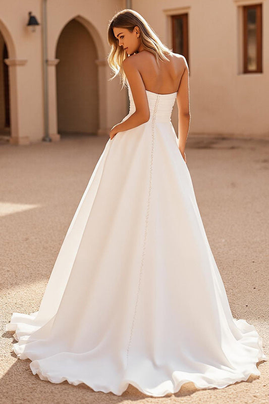 Ivory Satin A Line Strapless Sweep Train Wedding Dress
