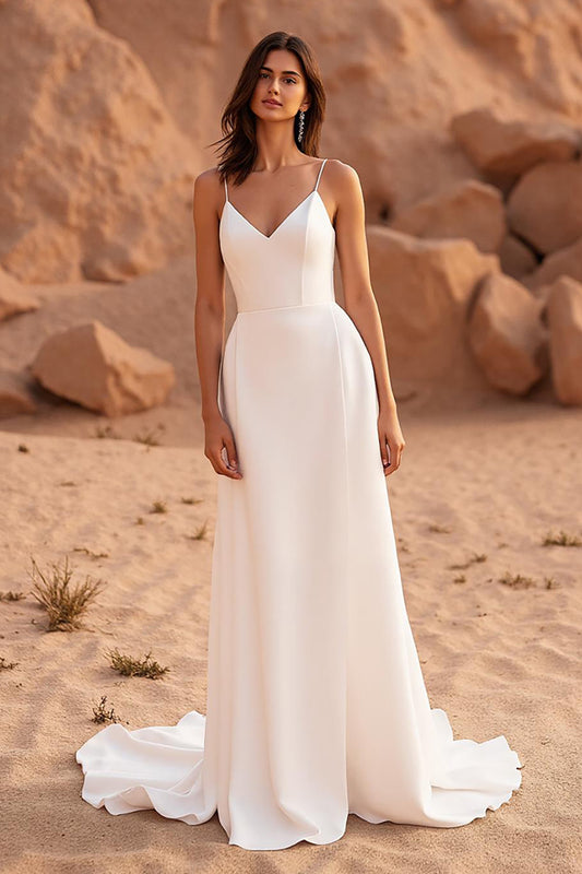 Simple Ivory Spaghetti Straps Satin Sweep Train Wedding Dress