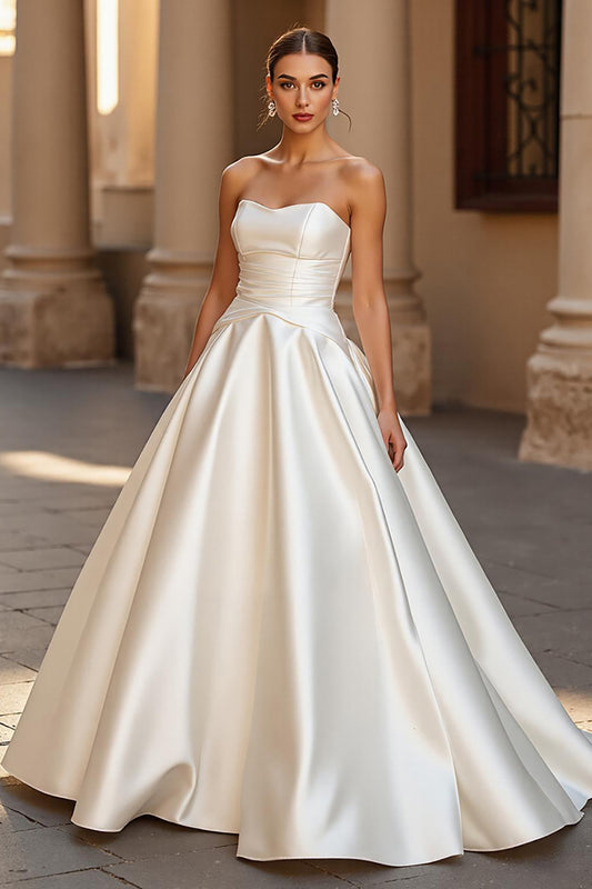 Ivory Satin Ball Gown Strapless Sweep Train Wedding Dress