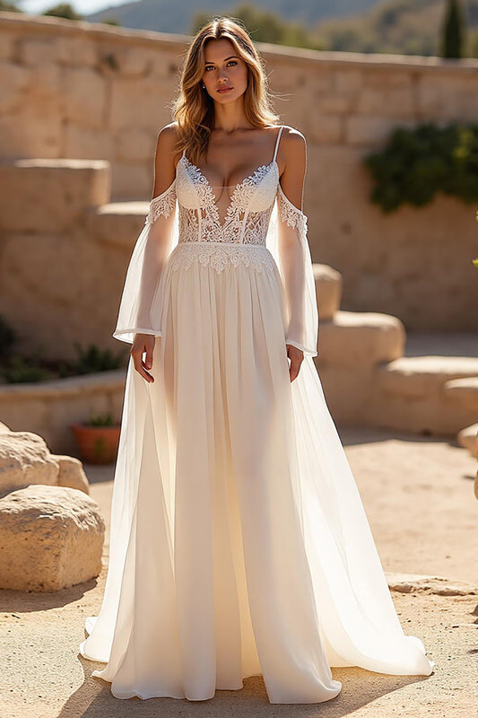 Ivory Cold Shoulder A Line Sweep Train Wedding Dress with Lace