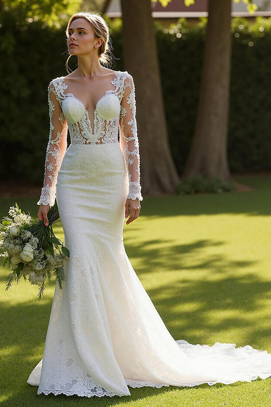 Ivory Lace Mermaid V-Neck Sweep Train Wedding Dress with Sleeves