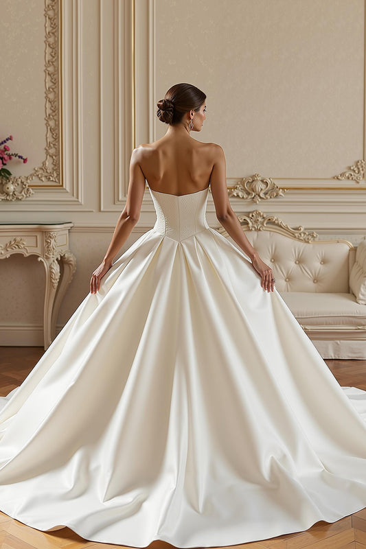Ivory Satin Sweetheart Corset Ball Gown Long Wedding Dress