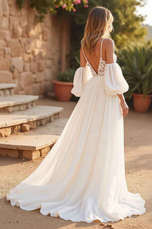 Ivory Detachable Sleeves Boho Sweep Train Wedding Dress with Lace