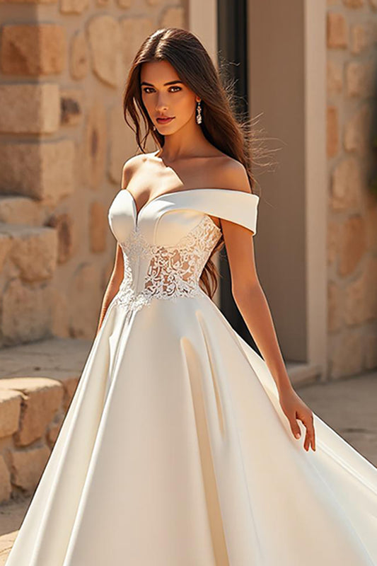 Ivory Satin Off the Shoulder A Line Sweep Train Wedding Dress with Lace