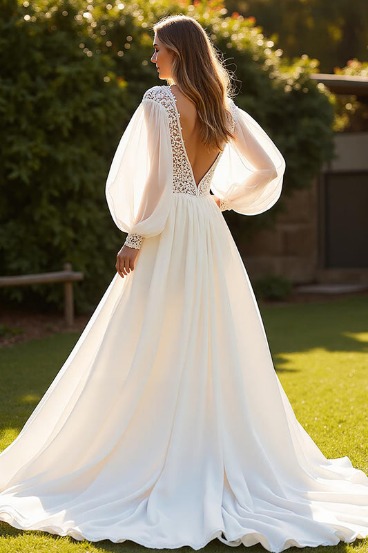 Ivory Long Sleeves V-Neck Boho Sweep Train Wedding Dress with Lace