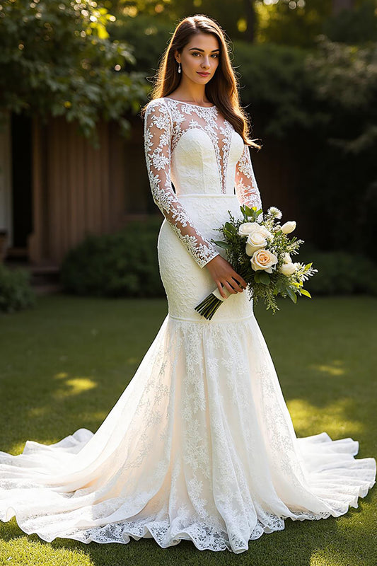 Ivory Lace Long Sleeves Mermaid Sweep Train Wedding Dress