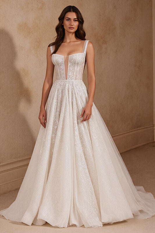 Glitter Ivory Corset Square Neck Sweep Train Wedding Dress