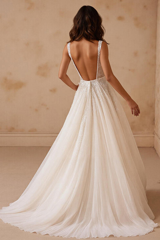 Glitter Ivory Corset Square Neck Sweep Train Wedding Dress