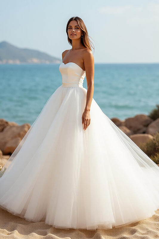Simple Ivory Sweetheart A Line Tulle Sweep Train Wedding Dress