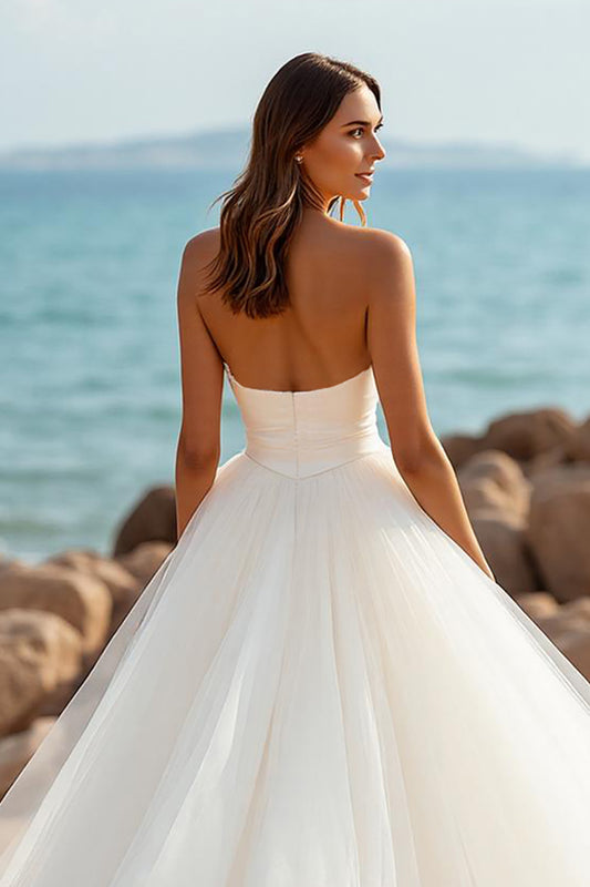 Simple Ivory Sweetheart A Line Tulle Sweep Train Wedding Dress