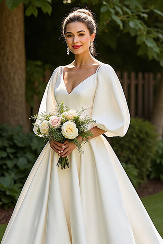 Simple Ivory Satin Half Sleeves V-Neck Sweep Train Wedding Dress