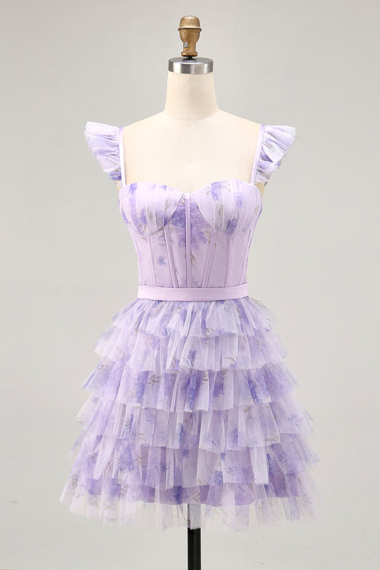 Lilac Corset Tiered Short Floral Homecoming Dress with Ruffles
