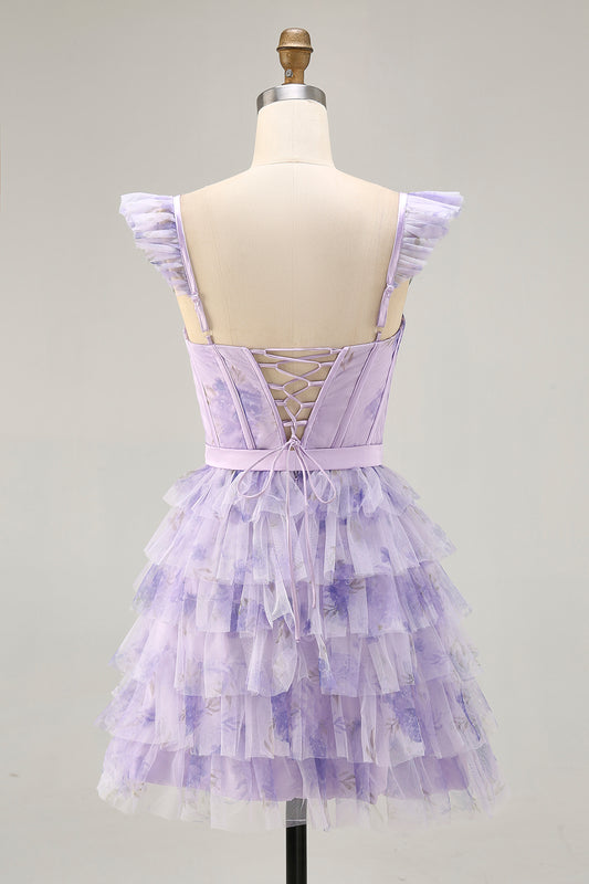 Lilac Corset Tiered Short Floral Homecoming Dress with Ruffles