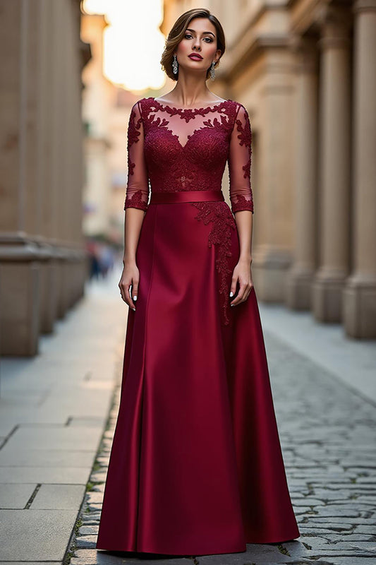 Dark Red Satin A Line Maxi Mother of the Bride Dress with Appliques