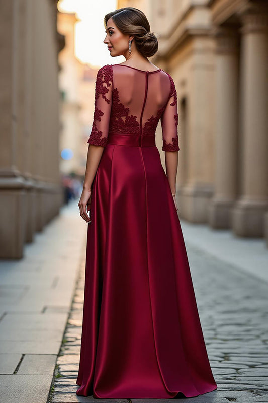 Dark Red Satin A Line Maxi Mother of the Bride Dress with Appliques
