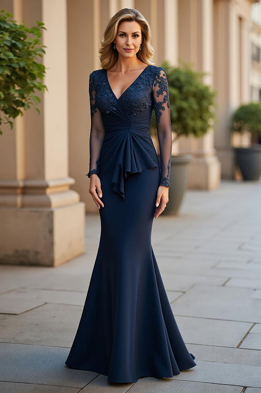 Navy Mermaid V-Neck Long Ruched Mother of the Bride Dress with Sleeves