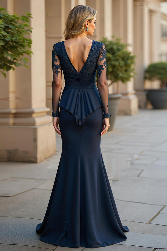 Navy Mermaid V-Neck Long Ruched Mother of the Bride Dress with Sleeves
