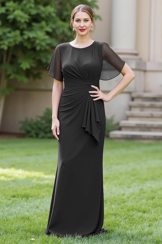 Black Sheath Round Neck Maxi Ruched Mother of the Bride Dress