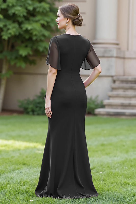 Black Sheath Round Neck Maxi Ruched Mother of the Bride Dress