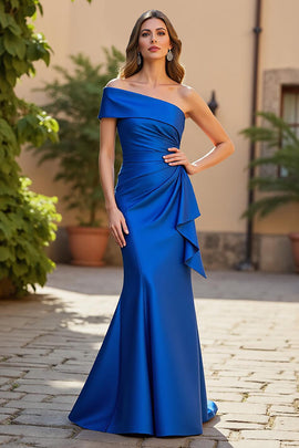 Mermaid Royal Blue Satin One Shoulder Maxi Mother of the Bride Dress