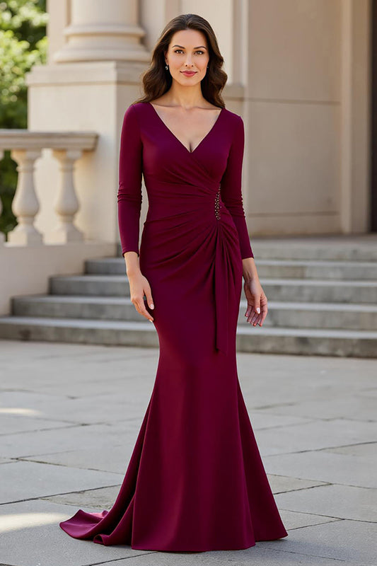 Burgundy Satin Mermaid V-Neck Long Ruched Mother of the Bride Dress