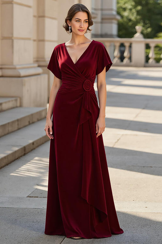 A Line Burgundy V-Neck Floral Satin Mother of the Bride Dress with Sleeves