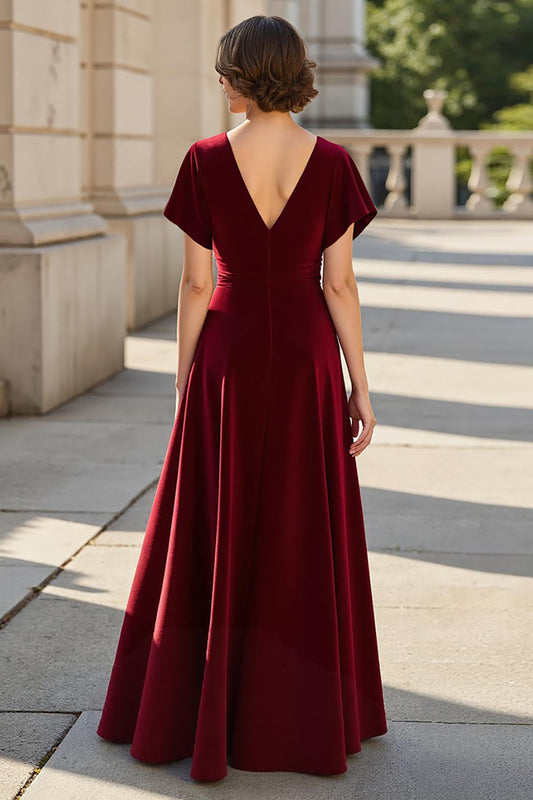 A Line Burgundy V-Neck Floral Satin Mother of the Bride Dress with Sleeves