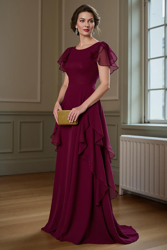 Burgundy Chiffon Round Neck A Line Long Mother of the Bride Dress with Ruffles