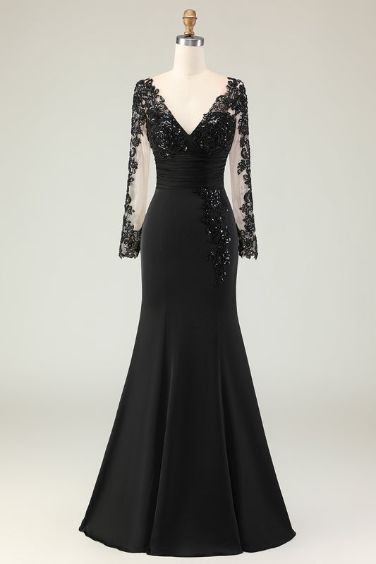 Black Mermaid V-Neck Lace Long Sleeves Mother of the Bride Dress