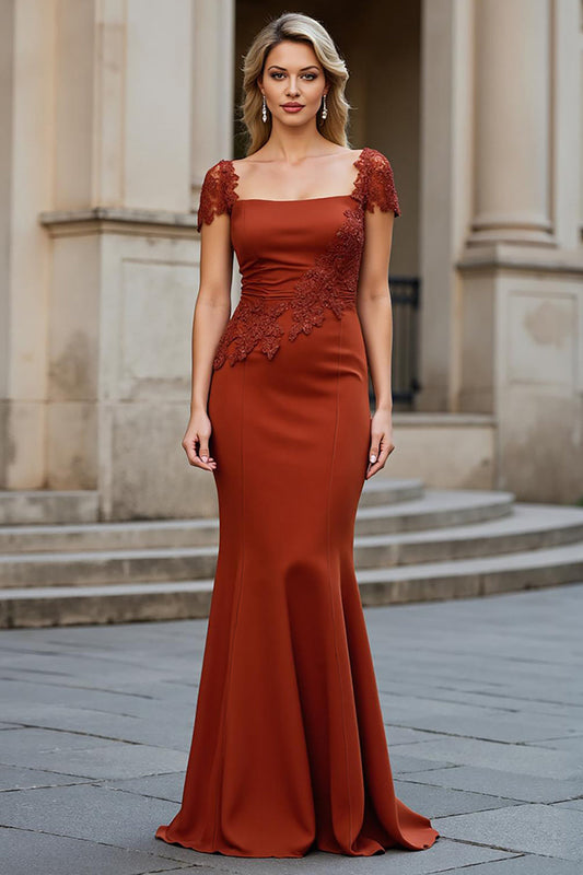Rust Satin Square Neck Mermaid Long Mother of the Bride Dress with Appliques