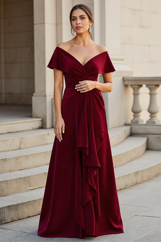 Burgundy A Line V-Neck Satin Long Mother of the Bride Dress with Ruffles