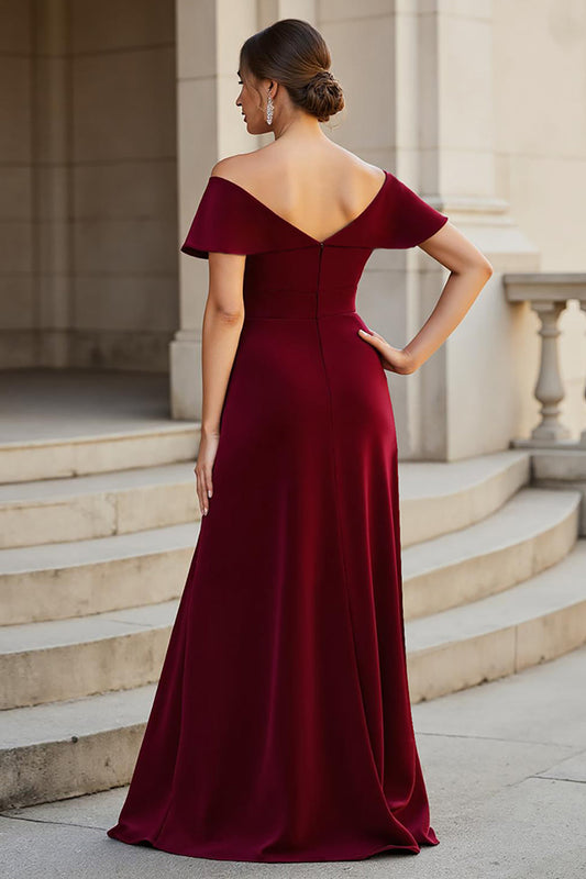 Burgundy A Line V-Neck Satin Long Mother of the Bride Dress with Ruffles