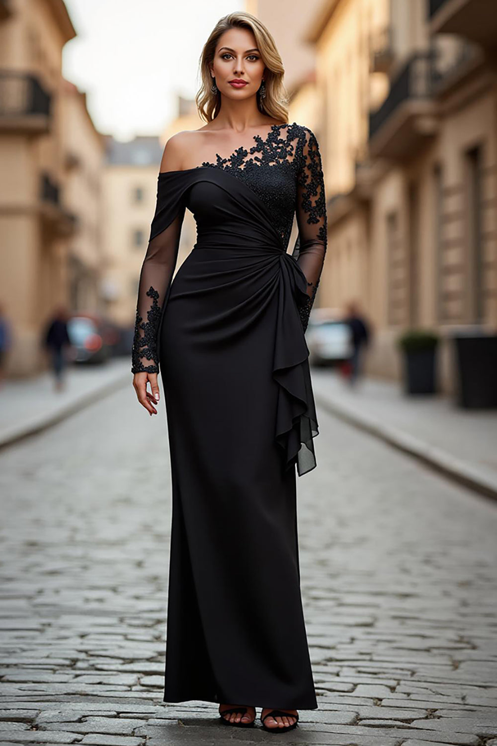 Zapakasa Women Black Sheath Long Sleeves Mother of the Bride Dress with Appliques One Shoulder Ruched Formal Dress Zapakasa Women Black Sheath Long Sleeves Mother of the Bride Dress with Appliques One Shoulder Ruched Formal Dress