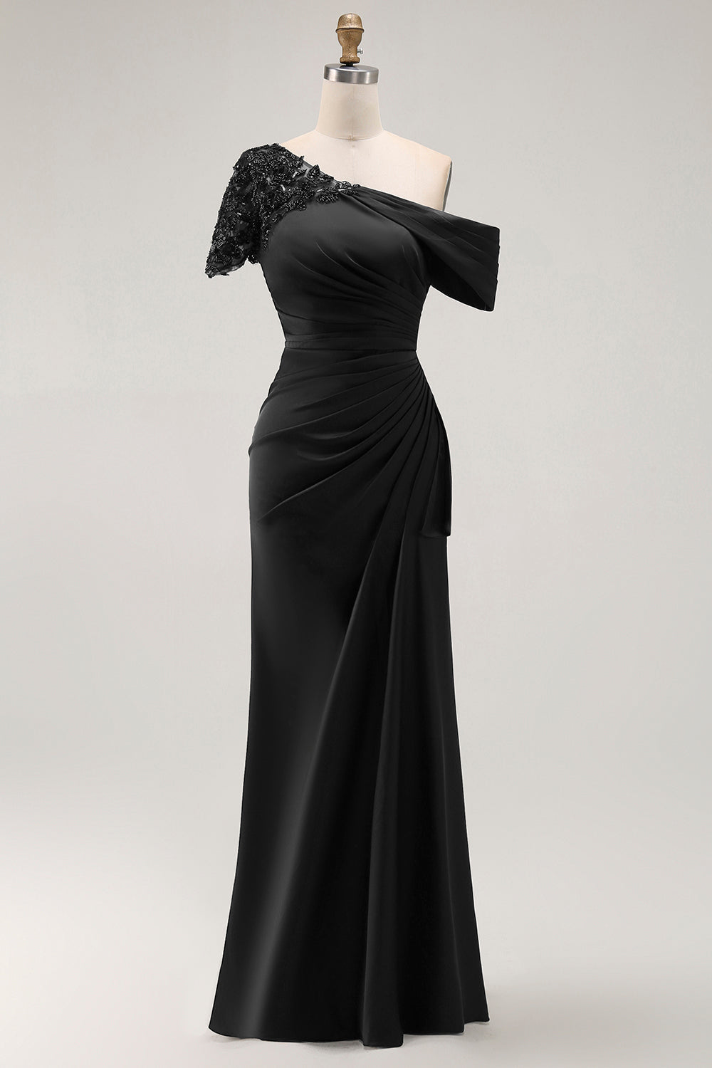 Zapakasa Women Black Ruched Satin Long Mother of the Bride Dress Appliqued Sheath One Shoulder Formal Dress Zapakasa Women Black Ruched Satin Long Mother of the Bride Dress Appliqued Sheath One Shoulder Formal Dress