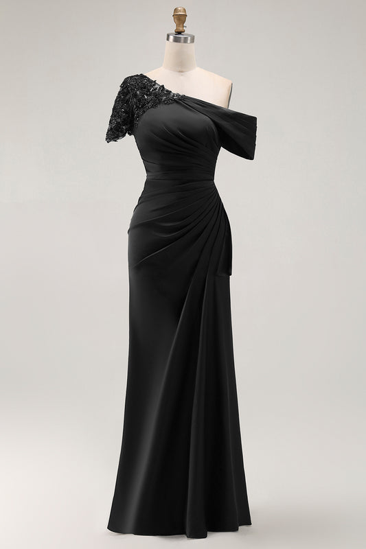 Black Appliqued Sheath One Shoulder Long Mother of the Bride Dress