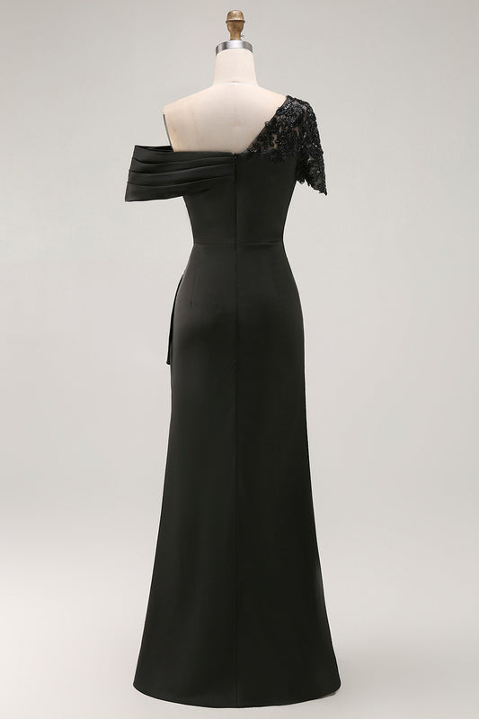 Black Appliqued Sheath One Shoulder Long Mother of the Bride Dress