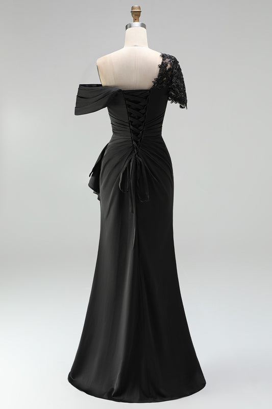 Black Appliqued Sheath One Shoulder Long Mother of the Bride Dress