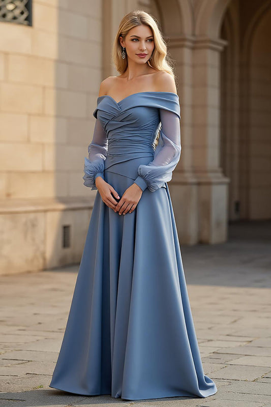 Dusty Blue A Line Satin Off the Shoulder Long Ruched Mother of the Bride Dress