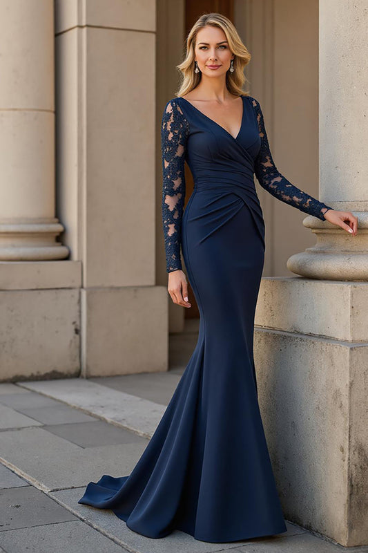 Navy Mermaid V-Neck Long Sleeves Mother of the Bride Dress with Lace