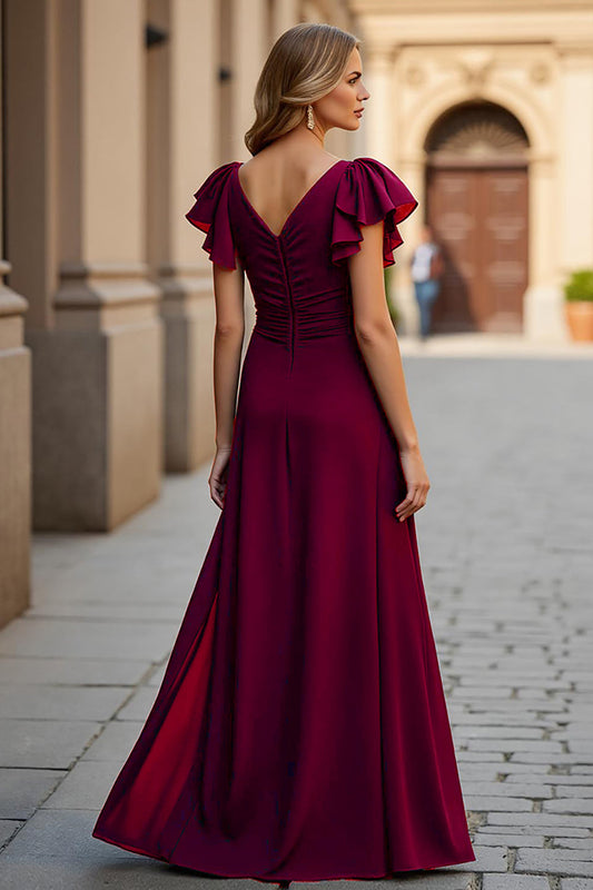 Burgundy V-Neck A Line Maxi Ruched Mother of the Bride Dress with Slit