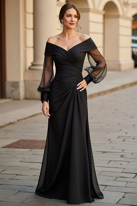 Black Off the Shoulder Long A Line Mother of the Bride Dress with Sleeves